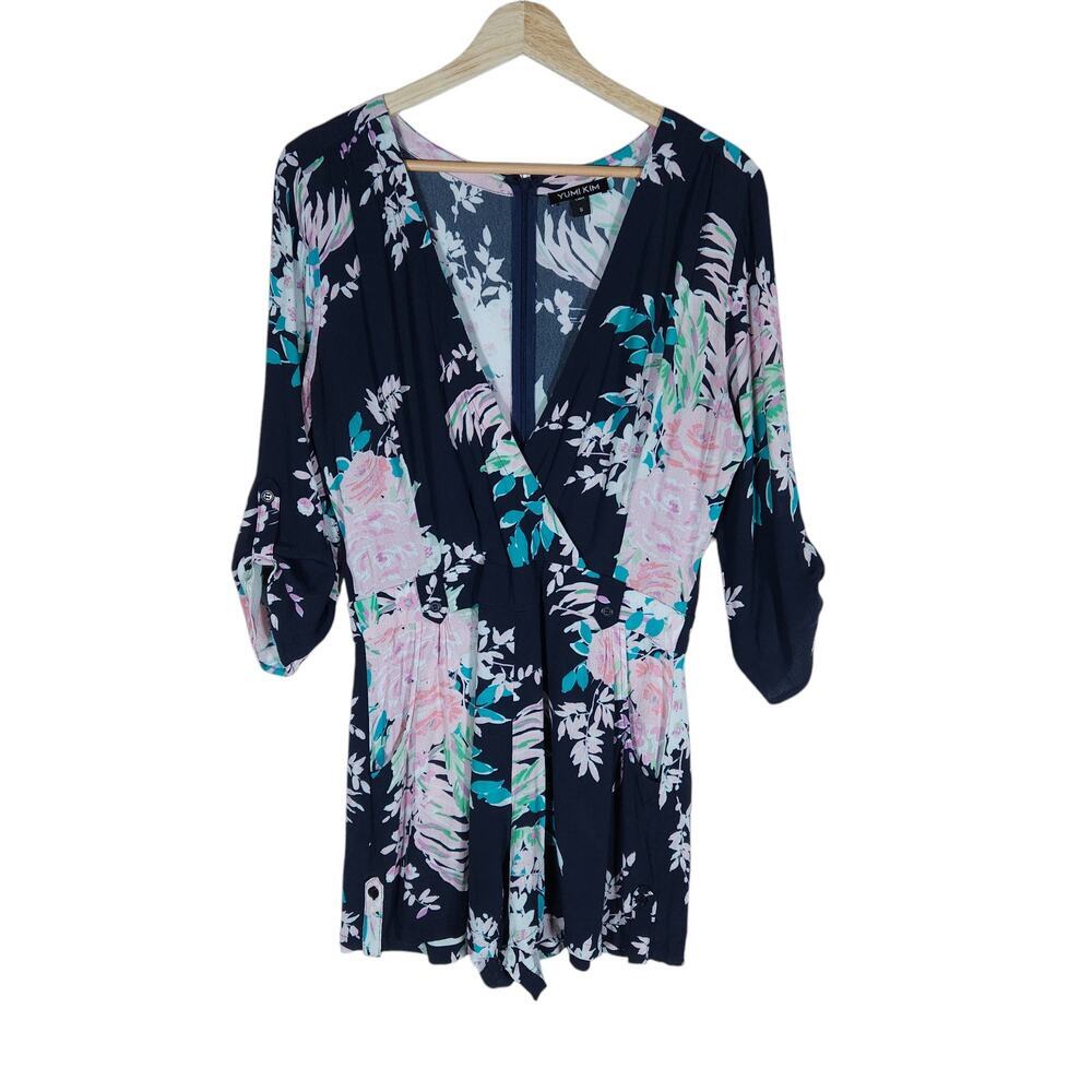 Yumi Kim Romper Small Floral Navy Pink Sleeve Pockets Summer Chic Romantic